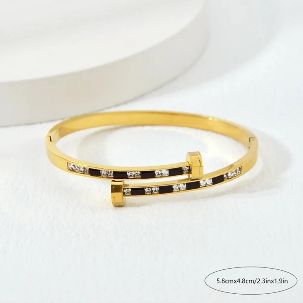 Women Stainless Steel Fashionable Black Stripe Nail Cuff Bracelet - Picture 3 of 5